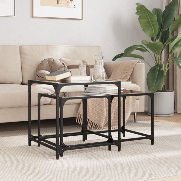 vidaXL Nesting Coffee Table Black Engineered wood, steel, glass Small
