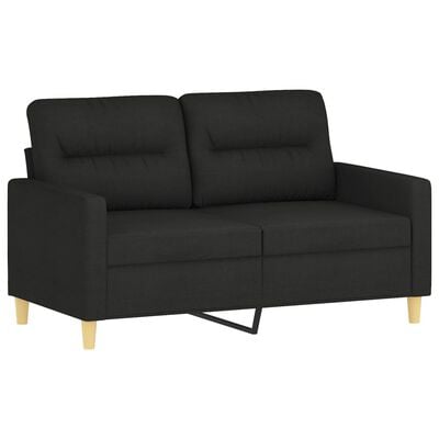 Close-up of a black two-seat sofa with low arms, two back cushions, and exposed wooden legs.