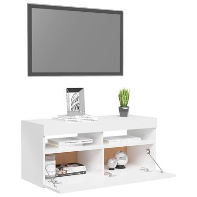 vidaXL TV Stand with LED Lights High Gloss White 35.4"x13.8"x15.7"