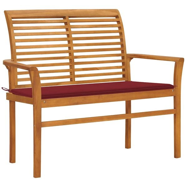 vidaXL Patio Bench with Wine Red Cushion 44.1 " Solid Teak Wood