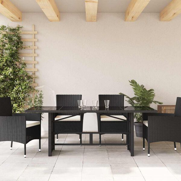 vidaXL Garden Table Black PE rattan, powder-coated steel, tempered glass