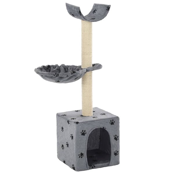 vidaXL Cat Tree Grey with Paw Prints Particle Board, Plush, Sisal Rope