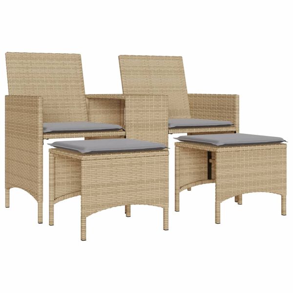 vidaXL Patio Sofa 2-Seater with Table and Stools Beige Poly Rattan