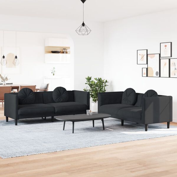 vidaXL Sofa Set Black Velvet, Plywood, Solid Wood Standard Sofa Set