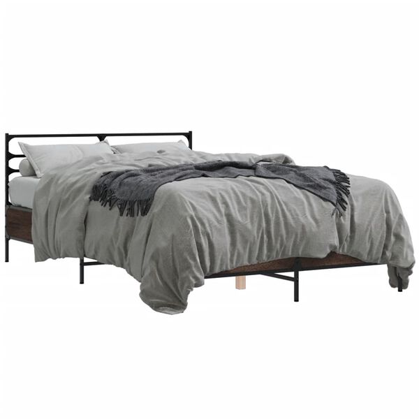 vidaXL Bed Frame Brown Oak Engineered Wood, Metal, Plywood Small Full
