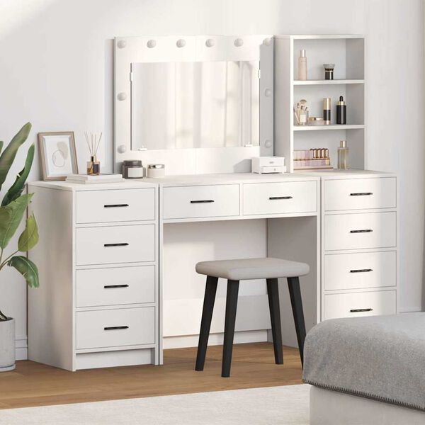 vidaXL Dressing Table with Mirror Lights 3 pcs White Engineered Wood