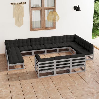 vidaXL 13 Piece Patio Lounge Set with Cushions Gray Solid Pinewood