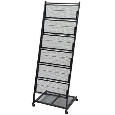 Tall metal display rack with multiple angled shelves and a wheeled base, designed for organizing items.