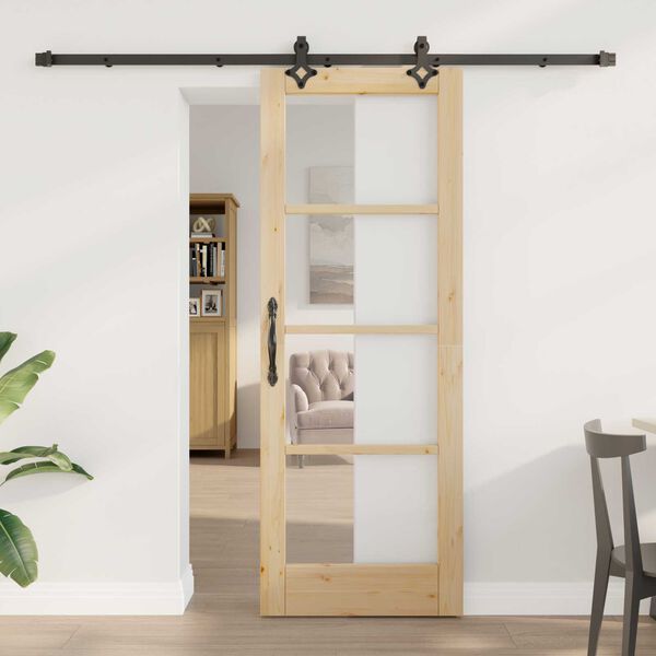 vidaXL Sliding Door Natural 28.94 x 78.15 in Solid Pine Wood and Glass