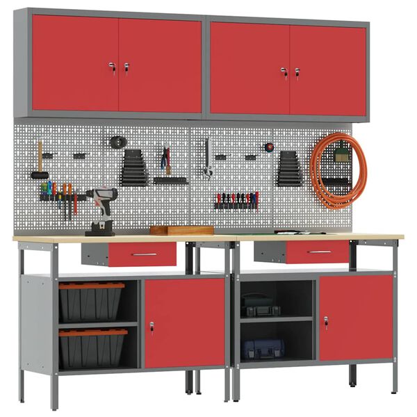 vidaXL Work Bench Set with Drawer with Shelf with Storage Red Steel