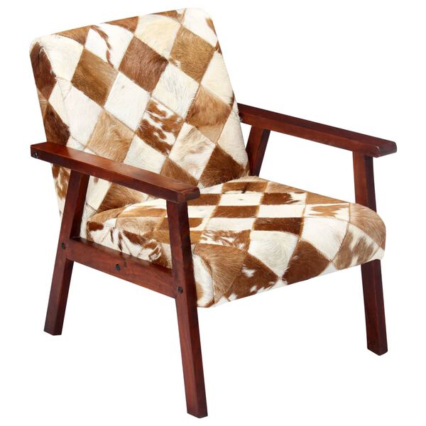 vidaXL Armchair White and Brown Goat Leather, Acacia Wood Standard