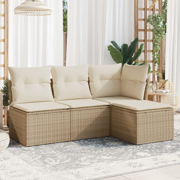 vidaXL Garden Sofa Set Beige and Cream White PE Rattan 4-Piece Set