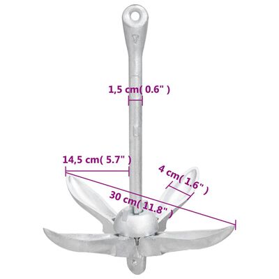 vidaXL Folding Anchor with Rope Silver 3.3 lb Malleable Iron
