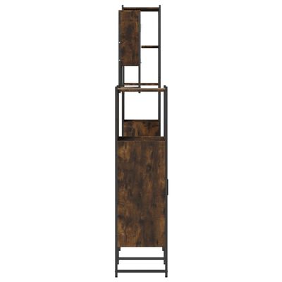 Tall narrow bathroom storage cabinet with metal frame and dark brown wood panels.