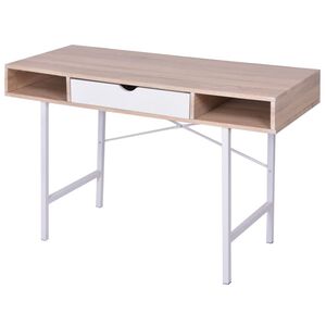 vidaXL Desk Oak and White MDF, Metal Medium Desk Rectangular Modern