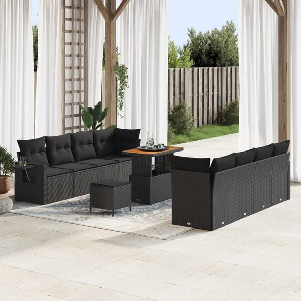 vidaXL Garden Sofa Set with Cushion 11 pcs Black Poly Rattan