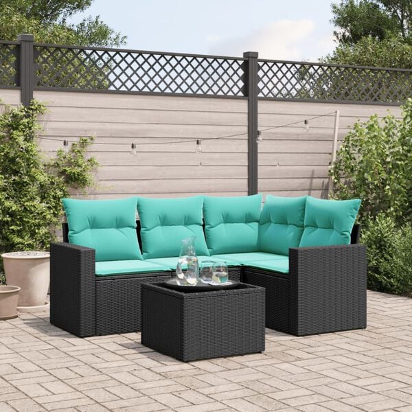 vidaXL 5 Piece Patio Sofa Set with Cushions Black Poly Rattan
