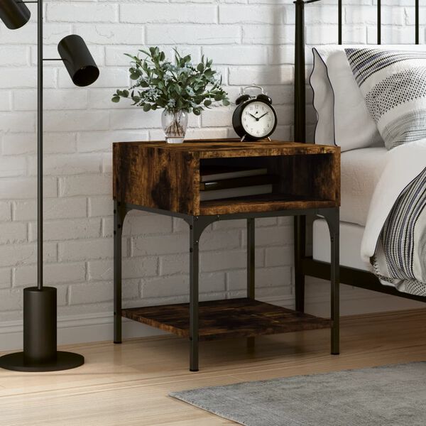 vidaXL Bedside Table Smoked Oak Engineered Wood, Iron 15.7x15.9x19.7 in