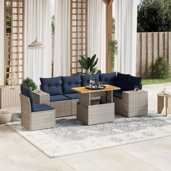 vidaXL 7 Piece Patio Sofa Set with Cushions Gray Poly Rattan
