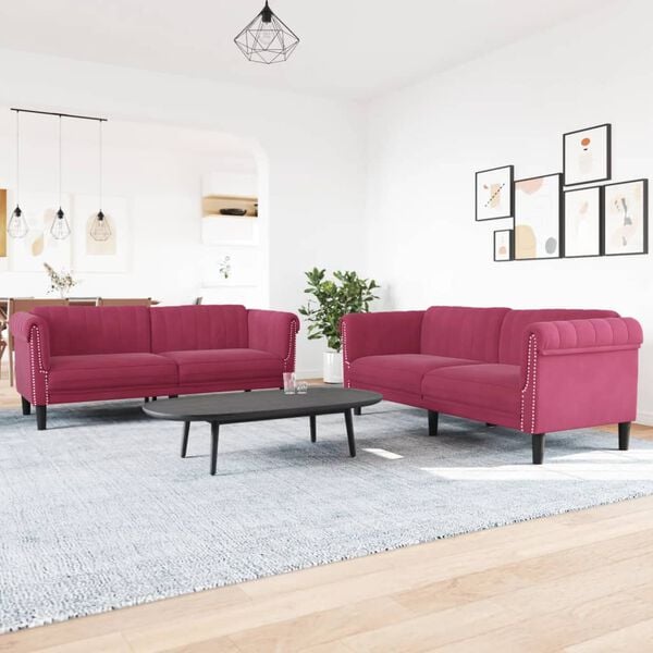 vidaXL Sofa Set Wine red Velvet (100% polyester), plywood, solid wood