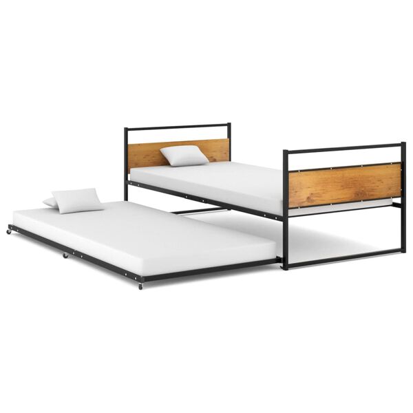 vidaXL Pull-out Bed Frame Black Powder-Coated Metal, MDF, Plastic Twin