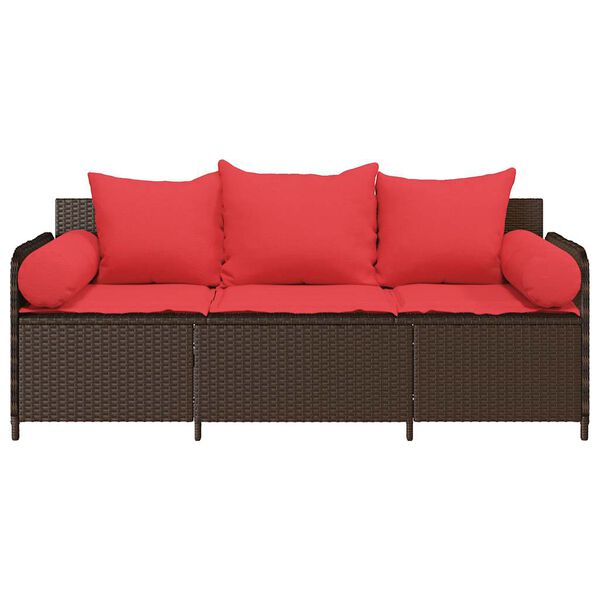 vidaXL Patio Sofa with Cushions 3-Seater Brown Poly Rattan