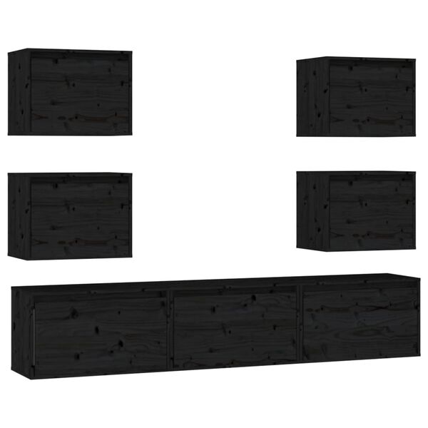 vidaXL TV Cabinet Set of 7 Black Solid Pine Wood Multiple Sizes