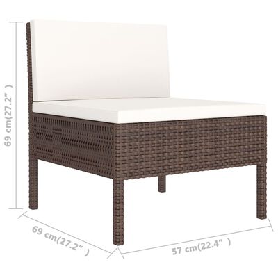 Brown wicker sofa with white cushion and measurements labeled, side view
