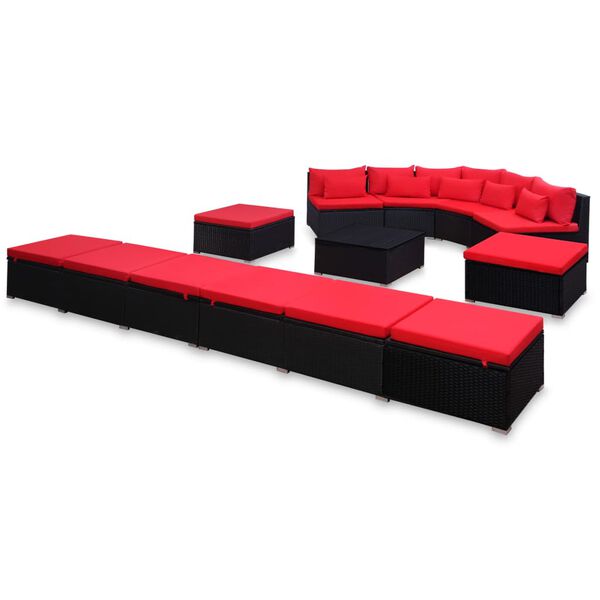 vidaXL 9 Piece Patio Lounge Set with Cushions Poly Rattan Red