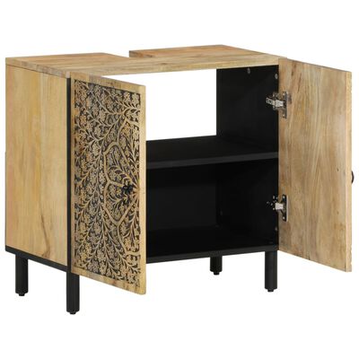 Open cabinet showing interior storage with two doors featuring ornate gold floral panels