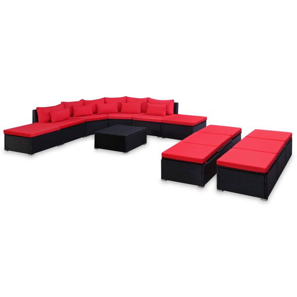 vidaXL 9 Piece Patio Lounge Set with Cushions Poly Rattan Red