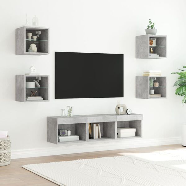 vidaXL TV Wall Unit Set of 7 Concrete Grey Engineered Wood, Glass Medium