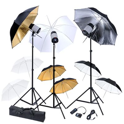 Studio Set: 3 Flash Lights, 9 Umbrellas, 3 Tripods & 1 Flash Trigger