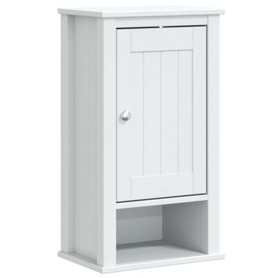 White tall cabinet with single door and a lower open shelf.
