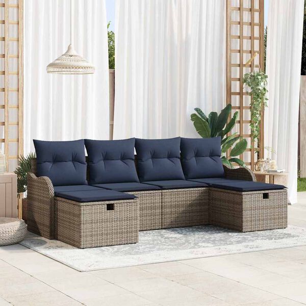 vidaXL Sofa Set with Cushion Manual 6 pcs Grey and Navy Poly Rattan