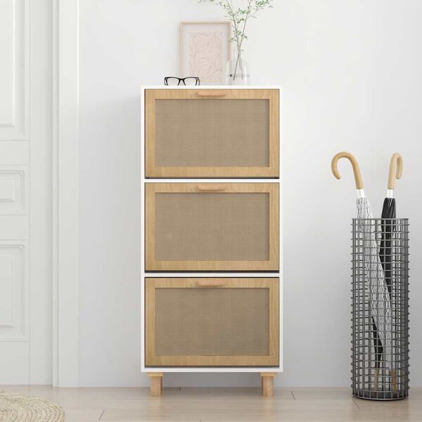 vidaXL Shoe Cabinet White 20.5"x9.8"x45.3" Engineered Wood&Natural Rattan