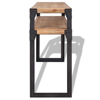 Narrow console with two shelves and metal frame viewed head-on.