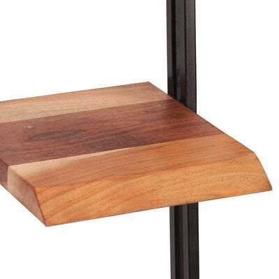 Close-up of the wooden edge of a shelf attached to a metal frame.