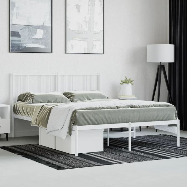 vidaXL Bed Frame White Steel 55.1 x 78.7 in Bed Frame Rectangular