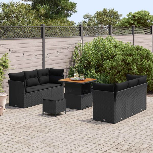 vidaXL Garden Sofa Set with Cushion 9 pcs Black Poly Rattan