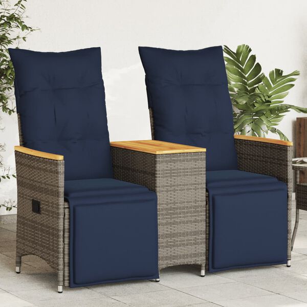 vidaXL Reclining Patio Sofa 2-Seater with Table Gray Poly Rattan