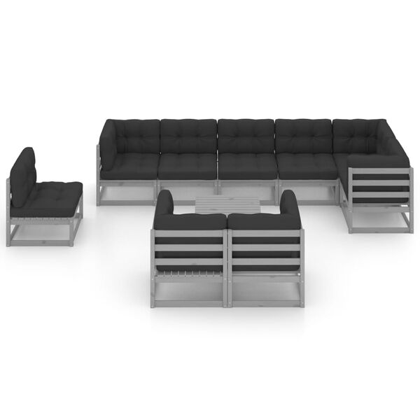 vidaXL Garden Lounge Set Grey Solid Pine Wood, Polyester 10 Piece