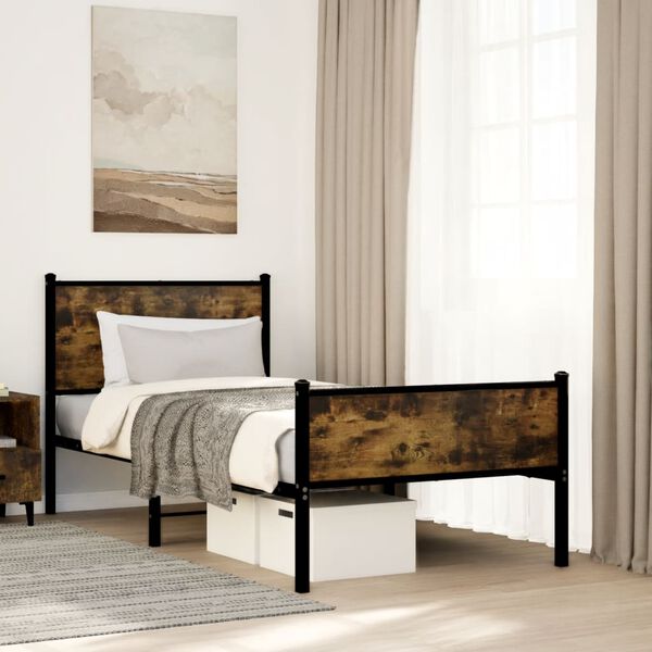 vidaXL Bed Frame Smoked Oak Steel Single Bed Frame Rectangular