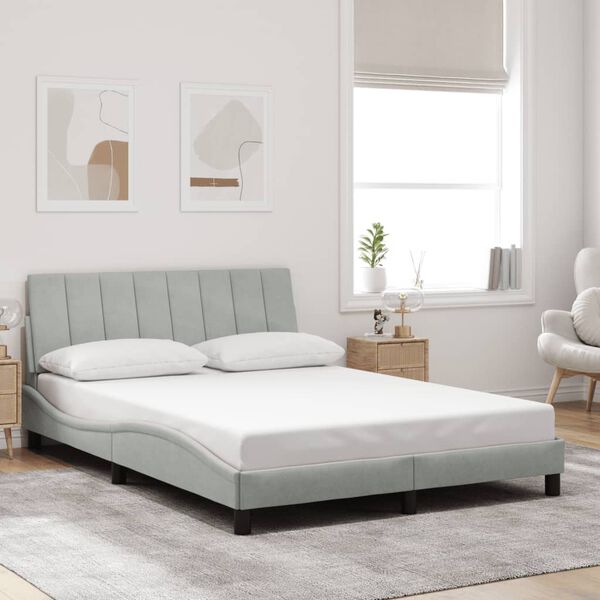 vidaXL Bed Frame with LED without Mattress "Hanko" Light Gray 53.9"x74.8" Velvet