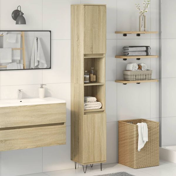 vidaXL Bathroom Cabinet Sonoma oak Engineered wood, Iron Slim and tall