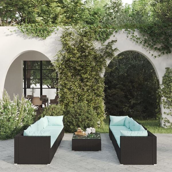 vidaXL Garden Lounge Set Black with Aqua cushions