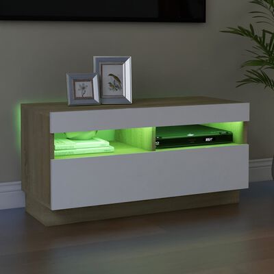 vidaXL TV Cabinet with LED Lights White and Sonoma Oak 32"x14"x16"