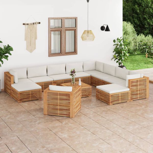 vidaXL 12 Piece Patio Lounge Set with Cream Cushion Solid Teak Wood