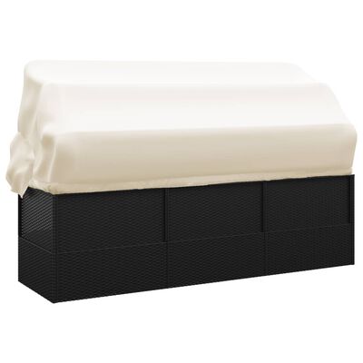 Long modular outdoor sofa with multiple storage sections and a beige canopy.