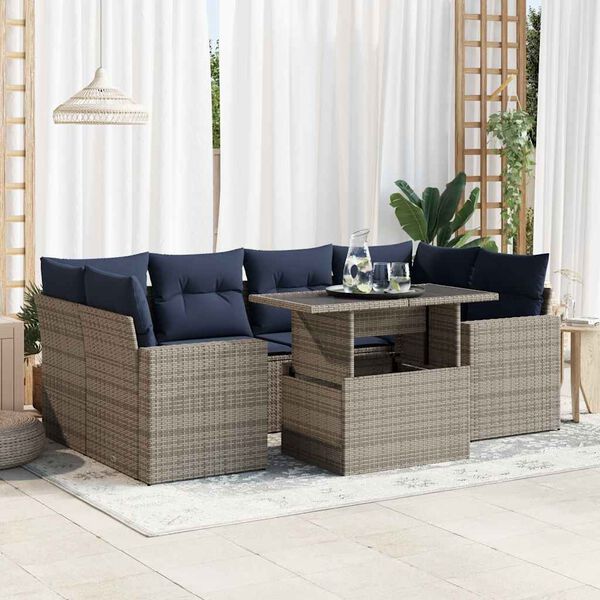 vidaXL 7 Piece Patio Sofa Set with Cushions Gray Poly Rattan Acacia